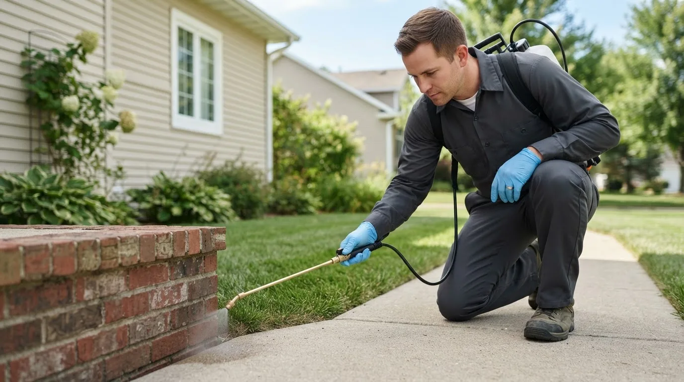 Pest control technician treating a home near Roscoe, SD