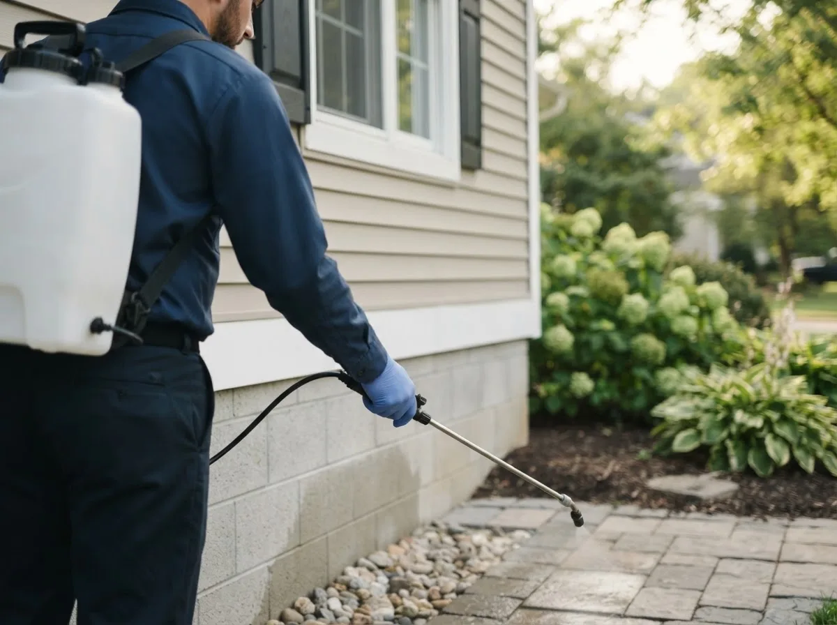 Pest control technician inspecting a home in Roscoe, SD